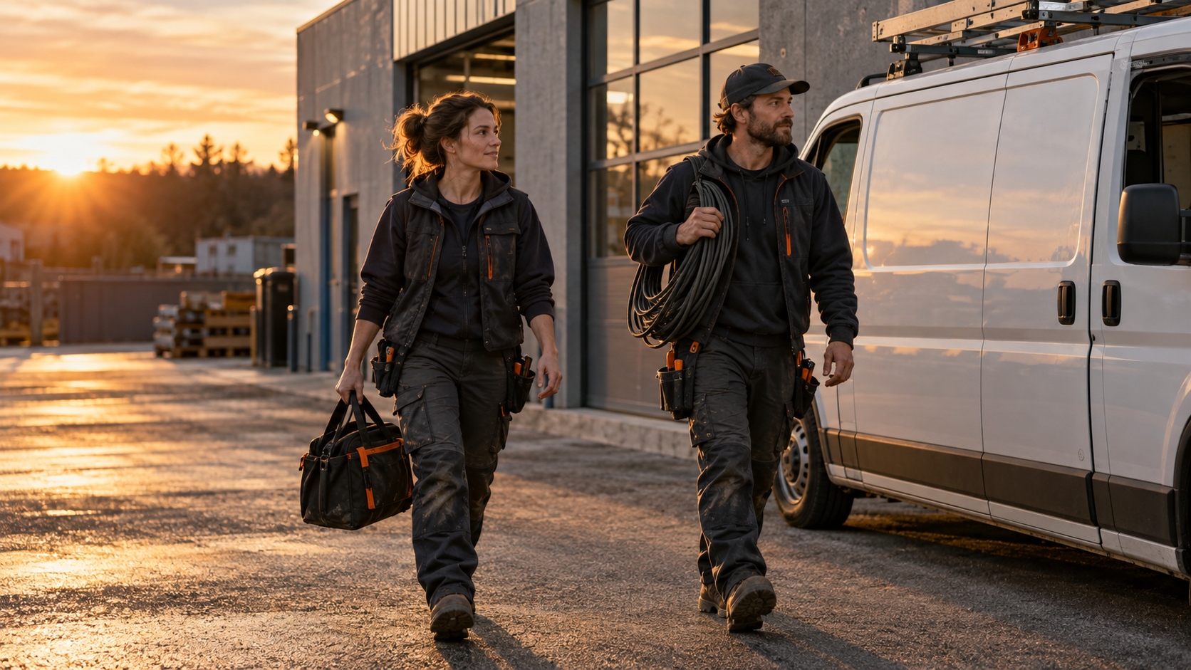 Illustrative image of tradespeople returning to a service van