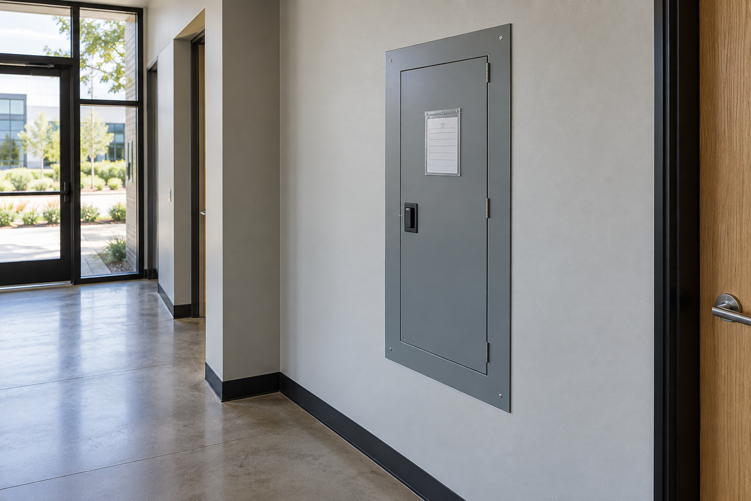 Fictional closed electrical panel in a commercial corridor