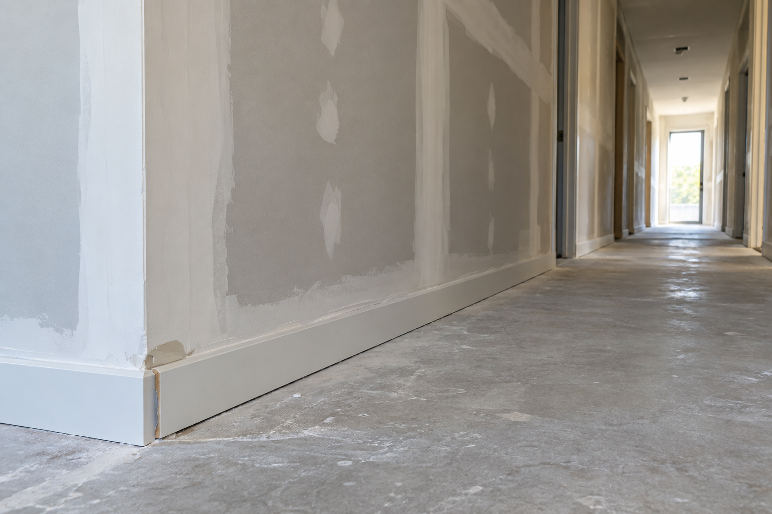 Fictional renovation corridor with drywall and unfinished trim
