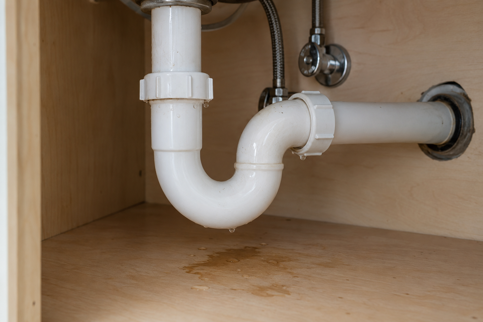 Fictional under-sink plumbing with visible moisture near a connection