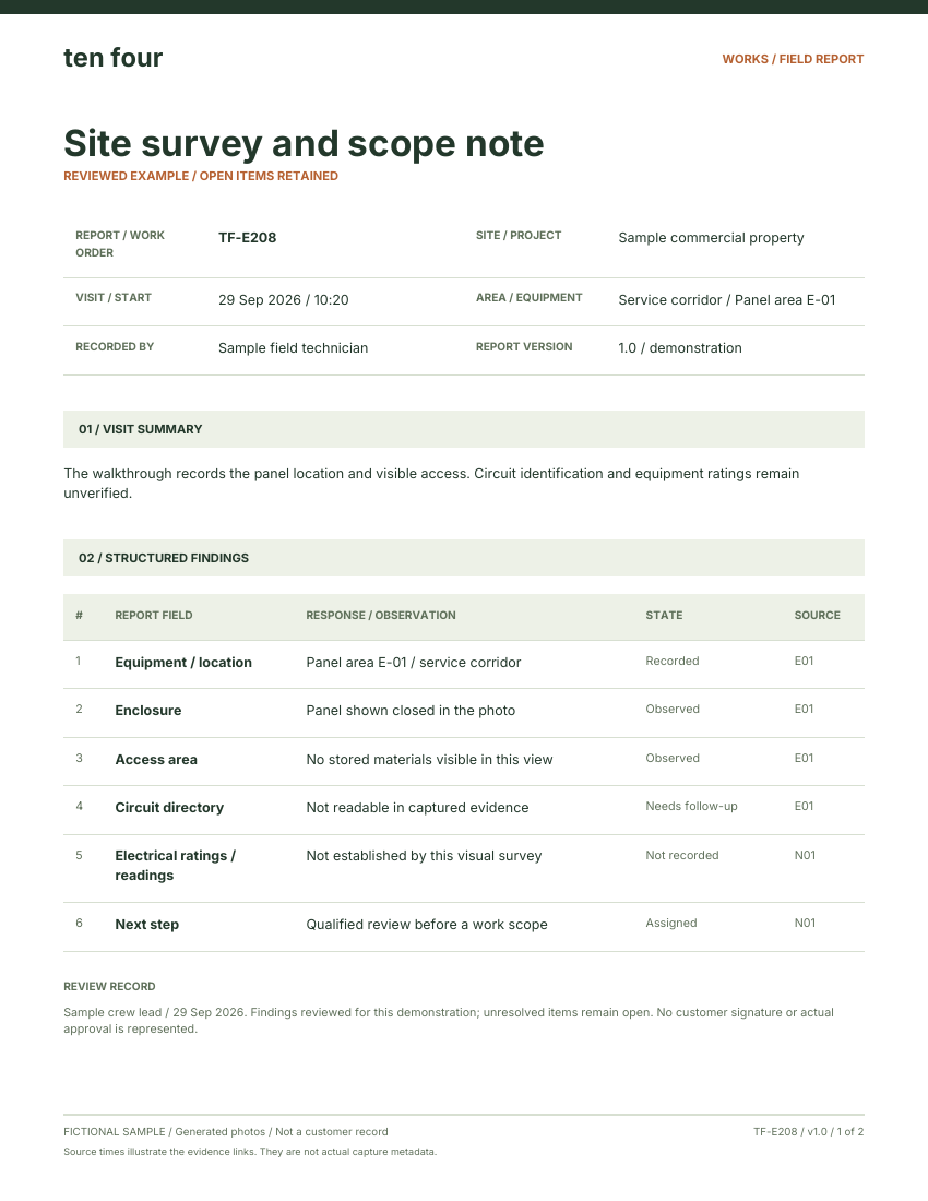 First page of the fictional Site survey and scope note, with job details, findings and follow-up actions