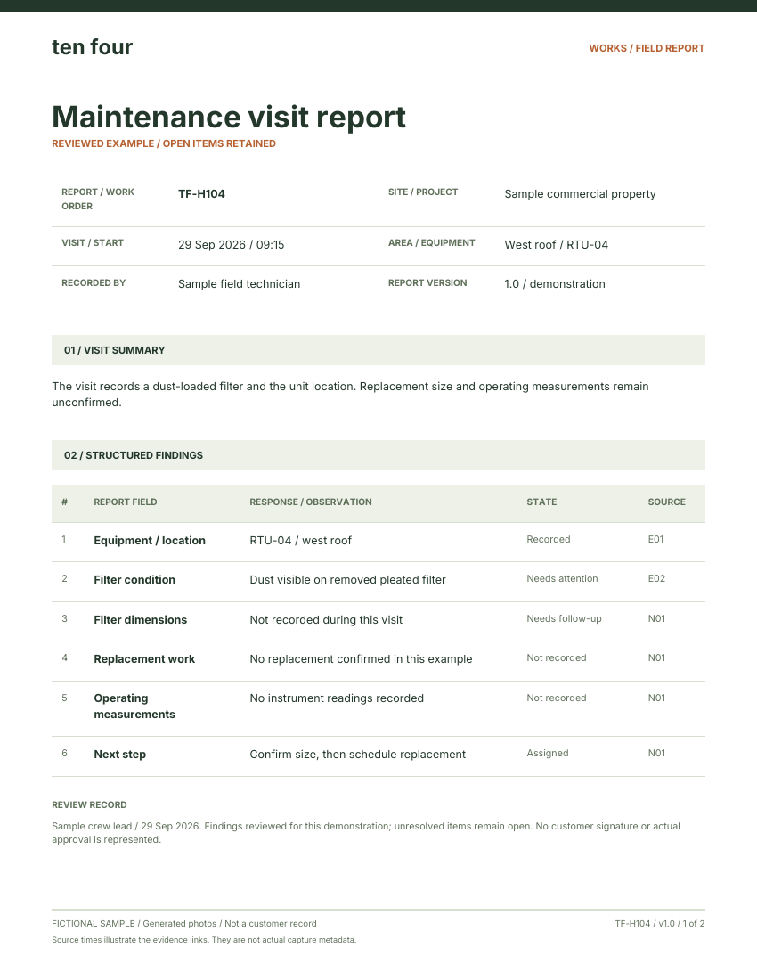 First page of the fictional Maintenance visit report, with job details, findings and follow-up actions